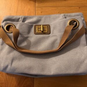 Elegant Gray Canvas Shoulder Bag with Tan Straps